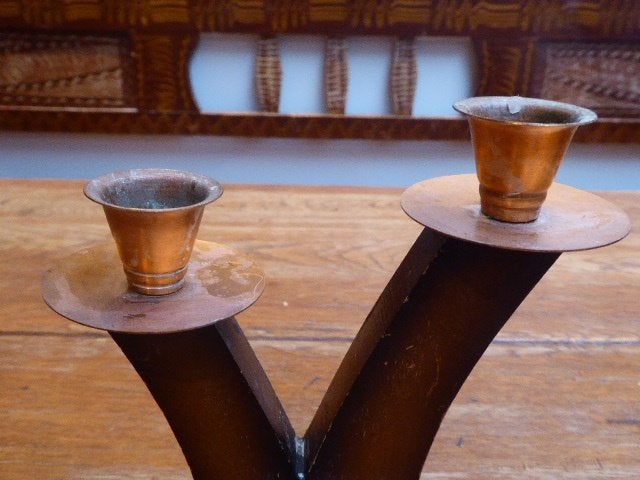 2 art deco kandelaars, hout en koper, Antiek en Kunst, Antiek | Kandelaars, Ophalen of Verzenden, Koper of Brons