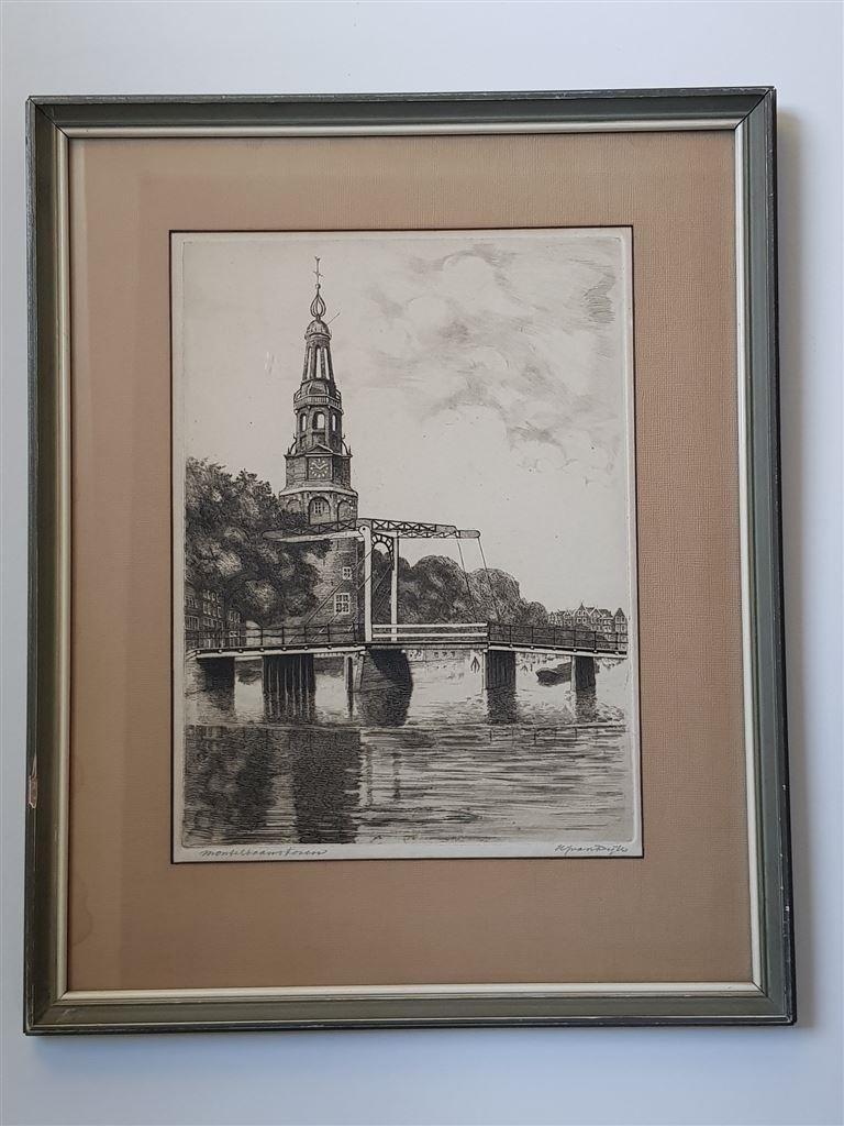 H.J. van Dijk, ets Montelbaantoren, gesigneerd, Antiek en Kunst, Ophalen of Verzenden