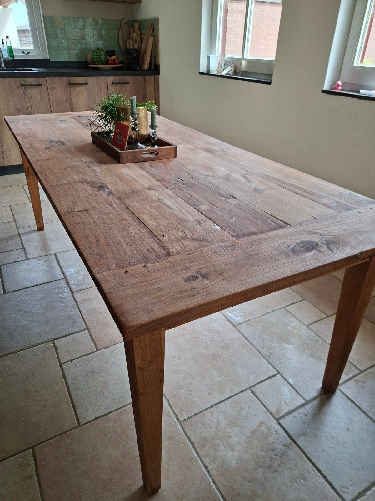 Teakhouten tafel 225x95, Ophalen, Gebruikt, Teakhout, 200 cm of meer