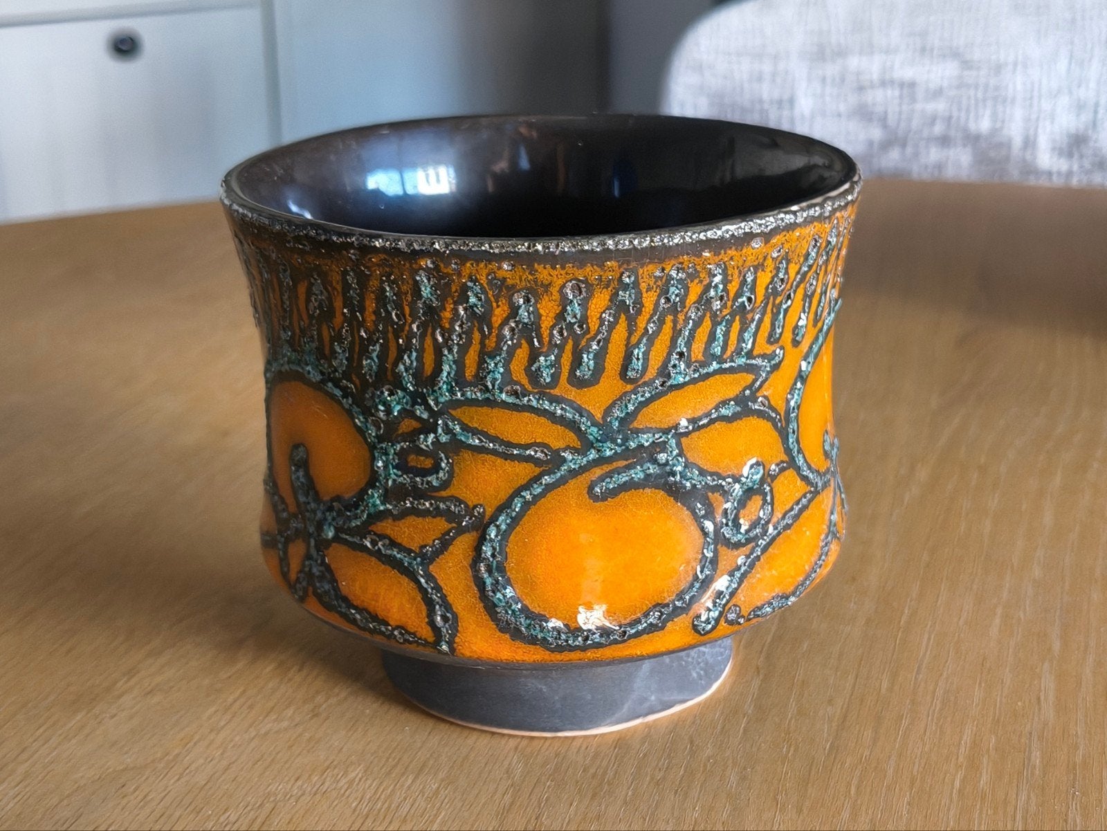Vintage VEB Strehla Fat Lava Bloempot Oranje Zwart DDR, Ophalen of Verzenden