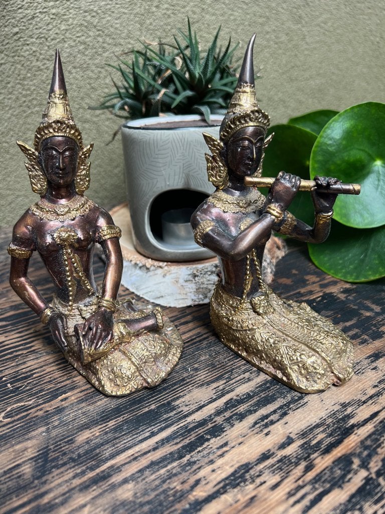 Thailand brons verguld muzikanten set Thaise beeld boeddha, Verburgt Vintage, Metaal, 16 cm, Ophalen of Verzenden
