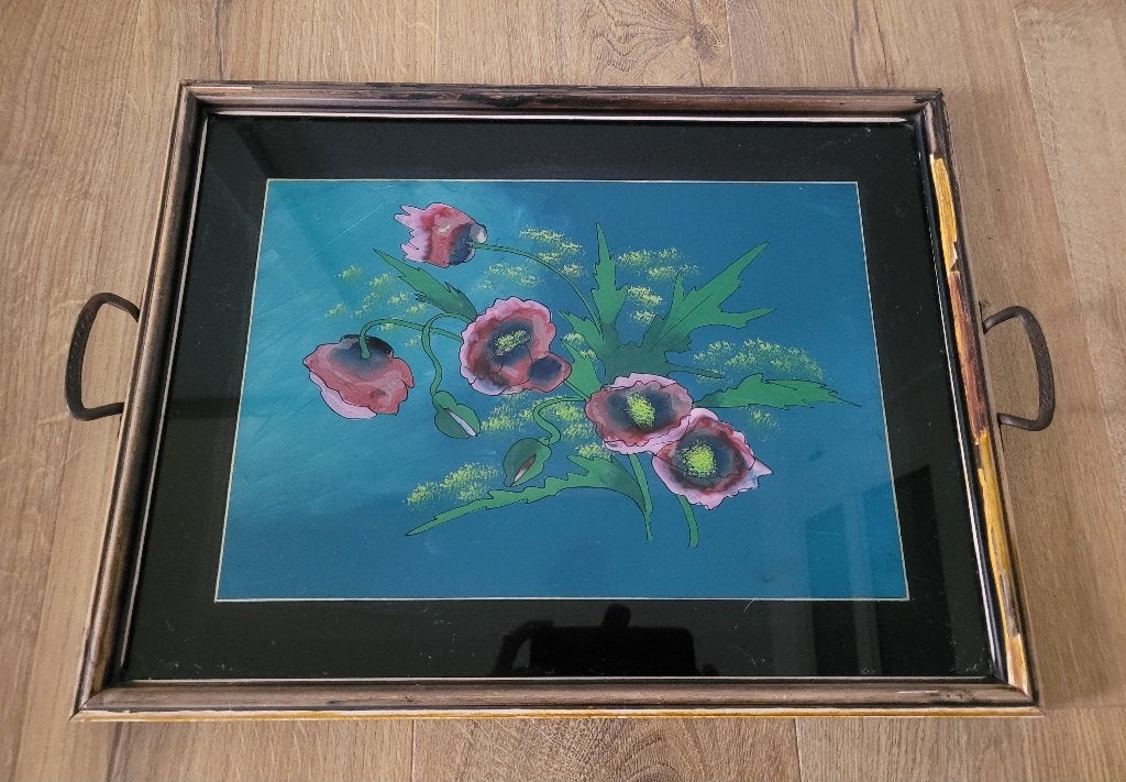 Art Nouveau dienblad met achterglas Schildering bloemen, Antiek en Kunst, Ophalen of Verzenden