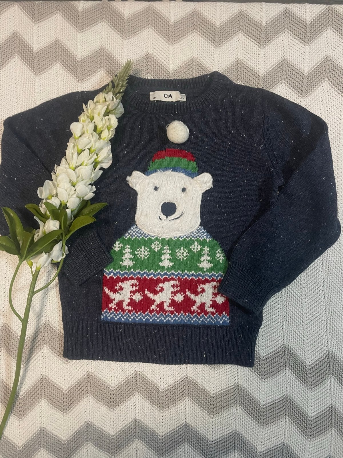 Donkerblauw gemêleerde kersttrui met ijsbeer van C&A, mt 104, Ophalen of Verzenden, Gebruikt, Jongen, Trui of Vest