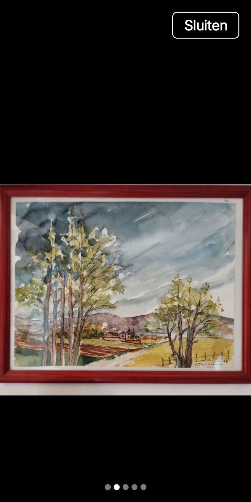 Ingelijste aquarel landschap met bomen en hek, Ophalen of Verzenden