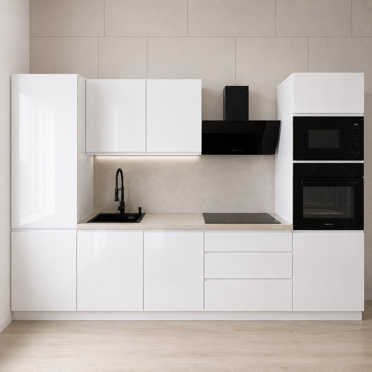 Hoogglans witte keuken – 3 meter breed met apparatuur, Huis en Inrichting, Keuken | Complete keukens, Ophalen, Wit, Nieuw, Enkelwandige keuken