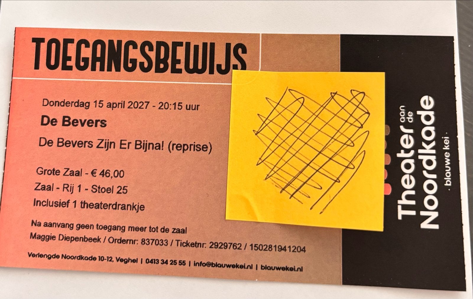 Entree ticket (niet digitaal) voor “de Bevers”, Tickets en Kaartjes, Theater | Toneel, Dans en Opera, Eén persoon, April