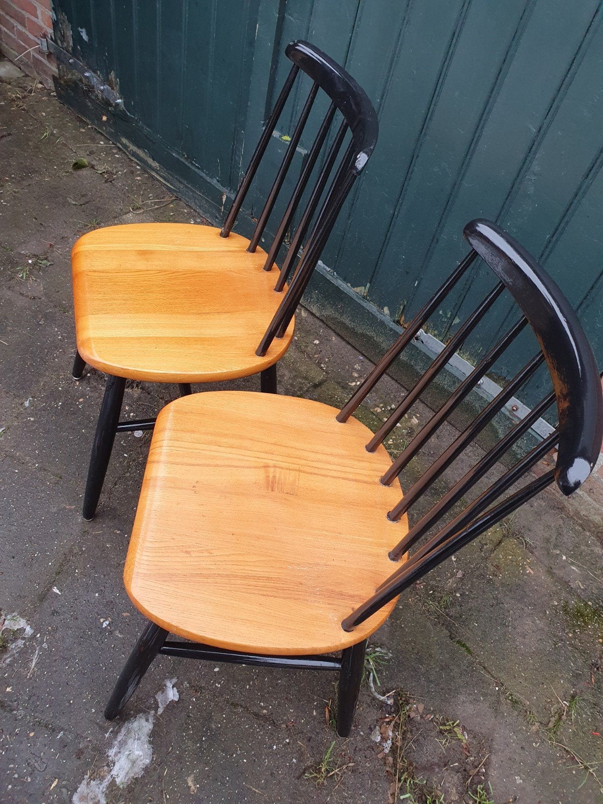 Vintage spijltjes stoelen., Ophalen, Gebruikt, Twee, Bruin