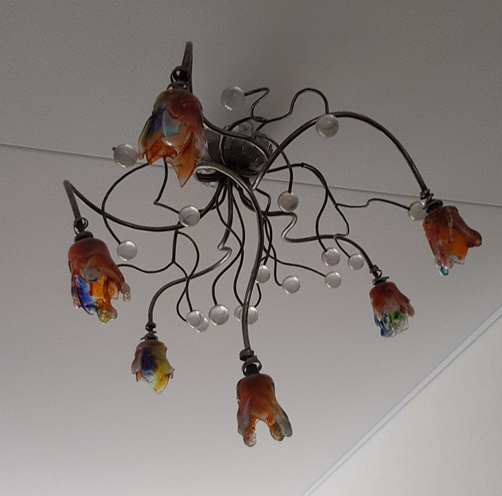 Florentijnse Plafondlamp Bloemstijl - Jaren '80/'90, Ophalen, Gebruikt, Overige fittingen, Glas