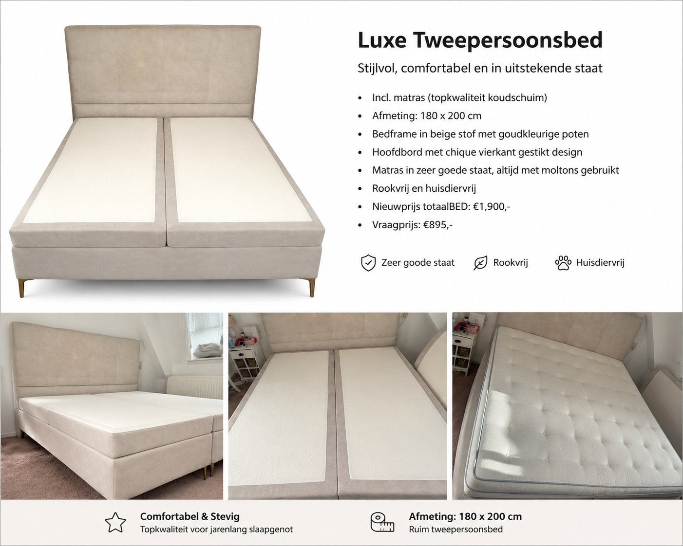 Luxe totaalBED boxspring 180x200 cm | Ivoor/beige, Ophalen, Overige materialen, Beige, Tweepersoons