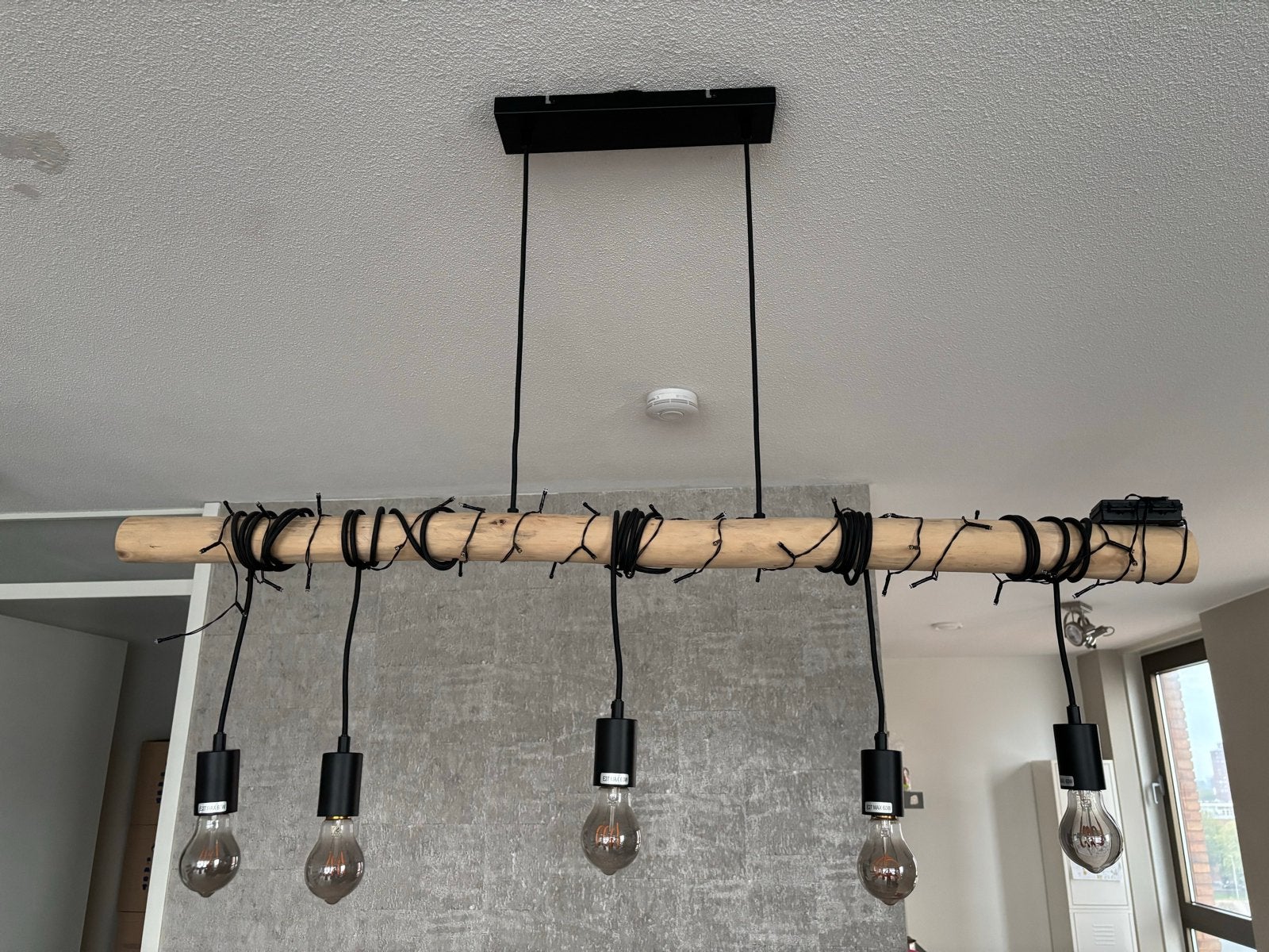 Hanglamp met 5 lampen en houten balk, Ophalen, Zo goed als nieuw, Hout