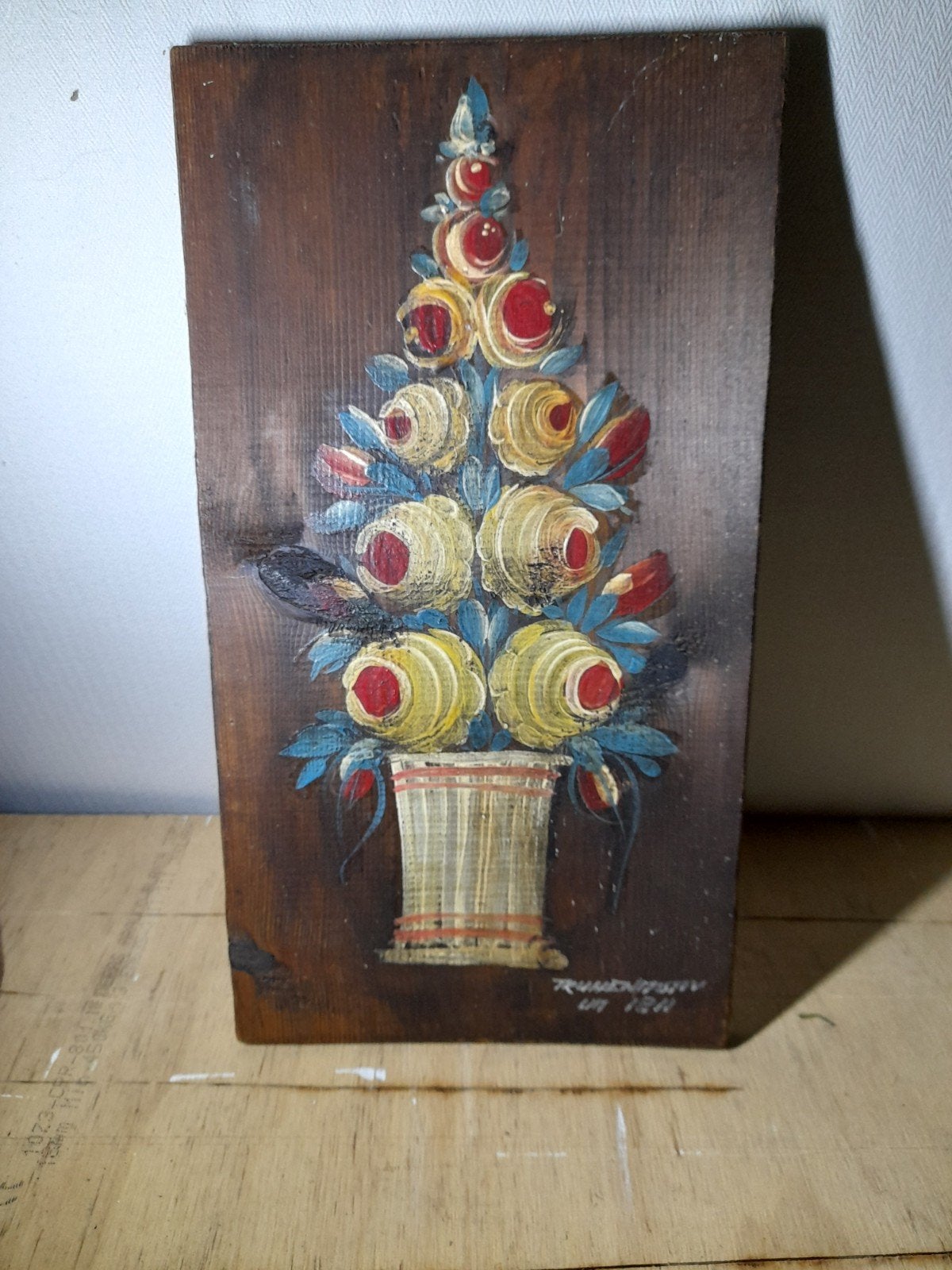 Vintage handgeschilderd bloemstuk op hout, gesigneerd, Bloemen, Paneel, Ophalen of Verzenden, Klassiek