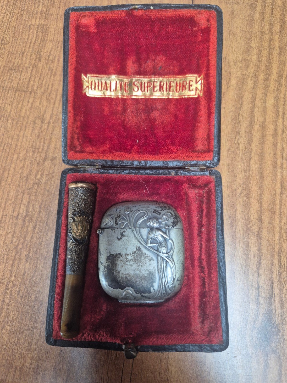 Antieke sigarettenhouder en doosje in art nouveau stijl, Ophalen of Verzenden