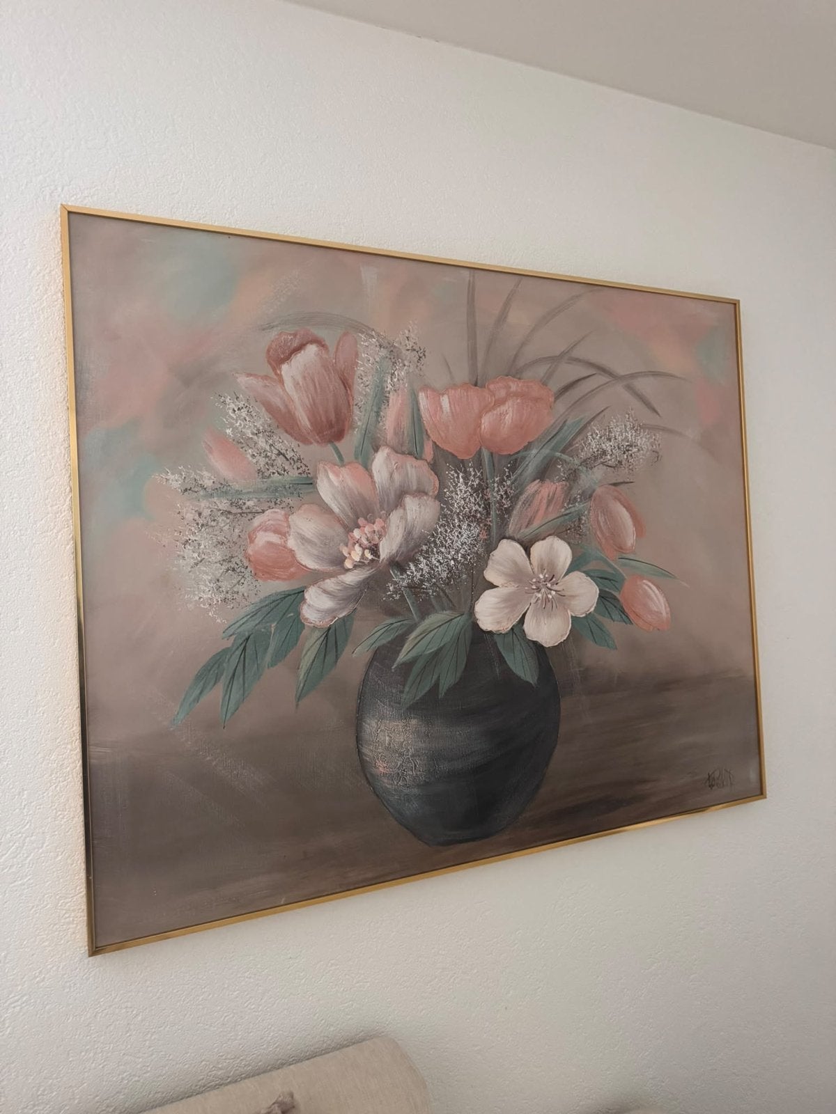 Schilderij met bloemen in vaas, gesigneerd, Doek, Realistisch, Gesigneerd, Olieverf