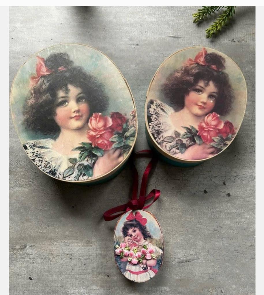 3 x romantische vintage spanen doosjes, meisje en bloemen, Antiek en Kunst, Ophalen of Verzenden