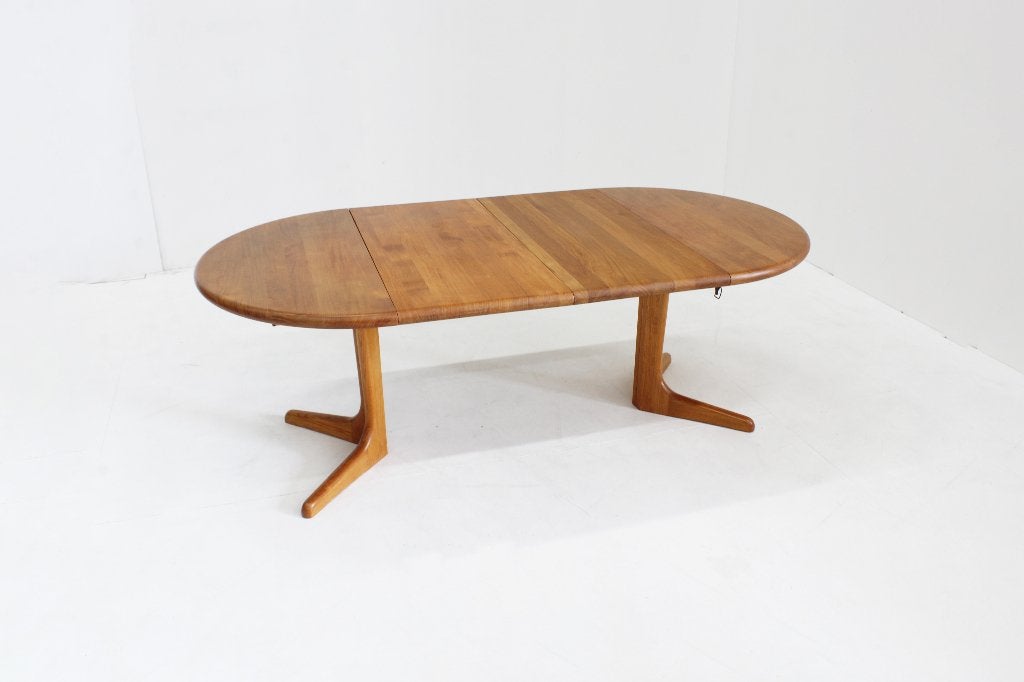Vintage ronde uitschuifbare eettafel tafel massief teak, Ophalen, Gebruikt, 100 tot 150 cm, 200 cm of meer