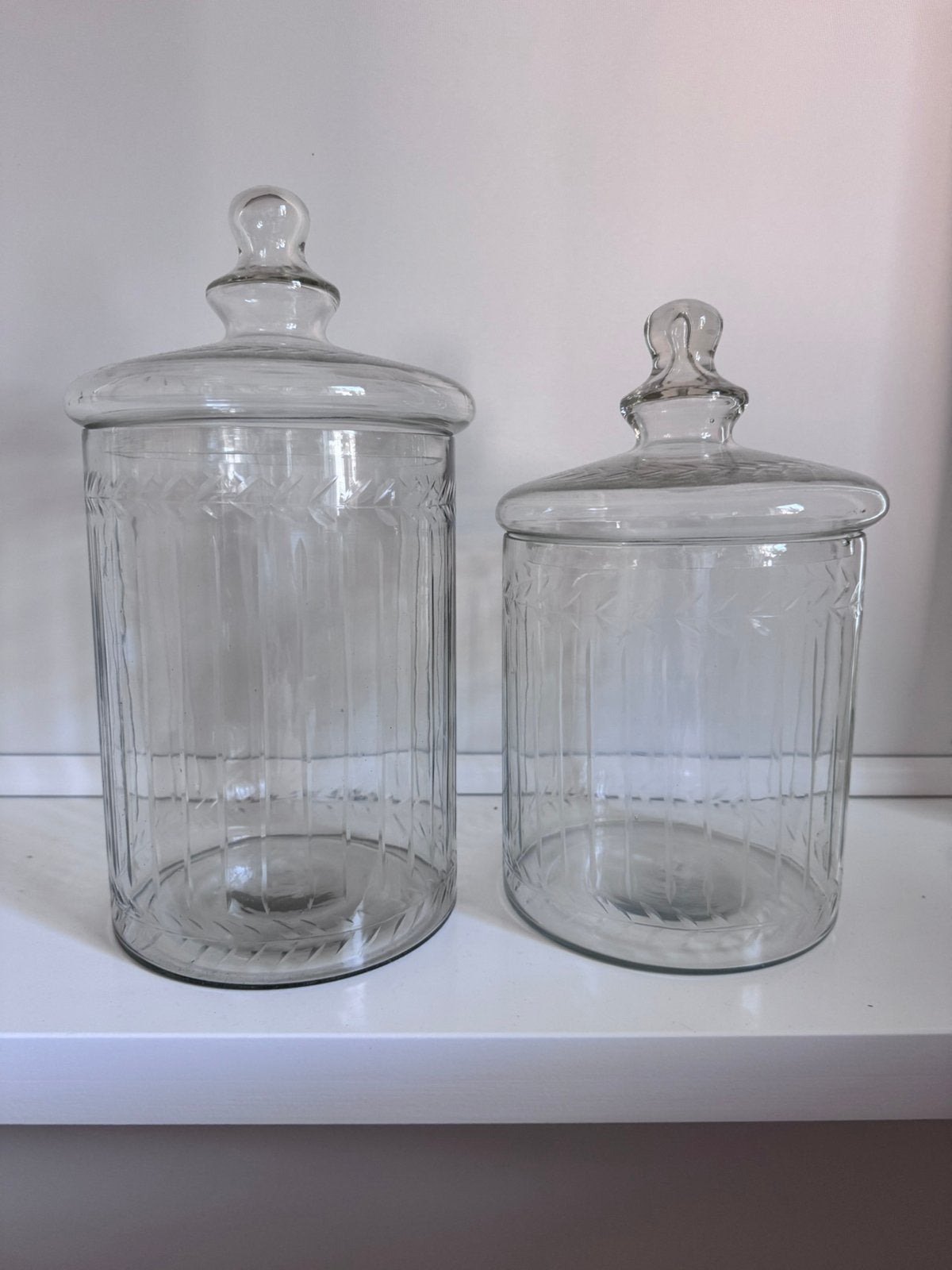 Zgan! Set glazen potten met decoratief glasslijpsel, Ophalen, 15 cm, Zo goed als nieuw, Handgemaakt
