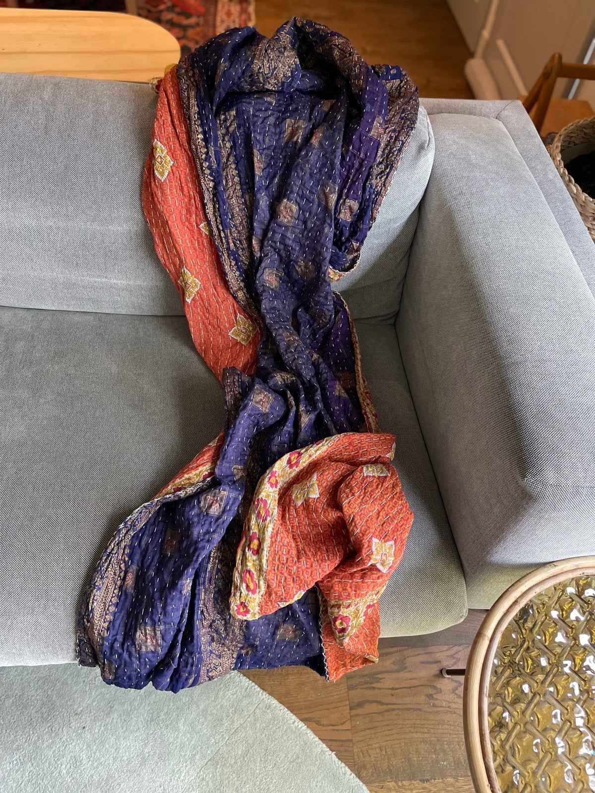 Unieke Vintage Boho Kantha Deken/Plaid/Quilt - Handgemaakt, Gebruikt, 100 tot 150 cm, 200 cm of meer, Oranje