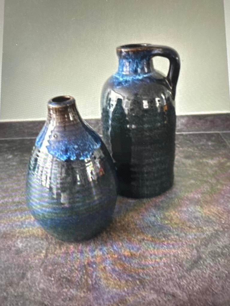 Set van 2 vintage vazen, blauw geglazuurd keramiek, Ophalen