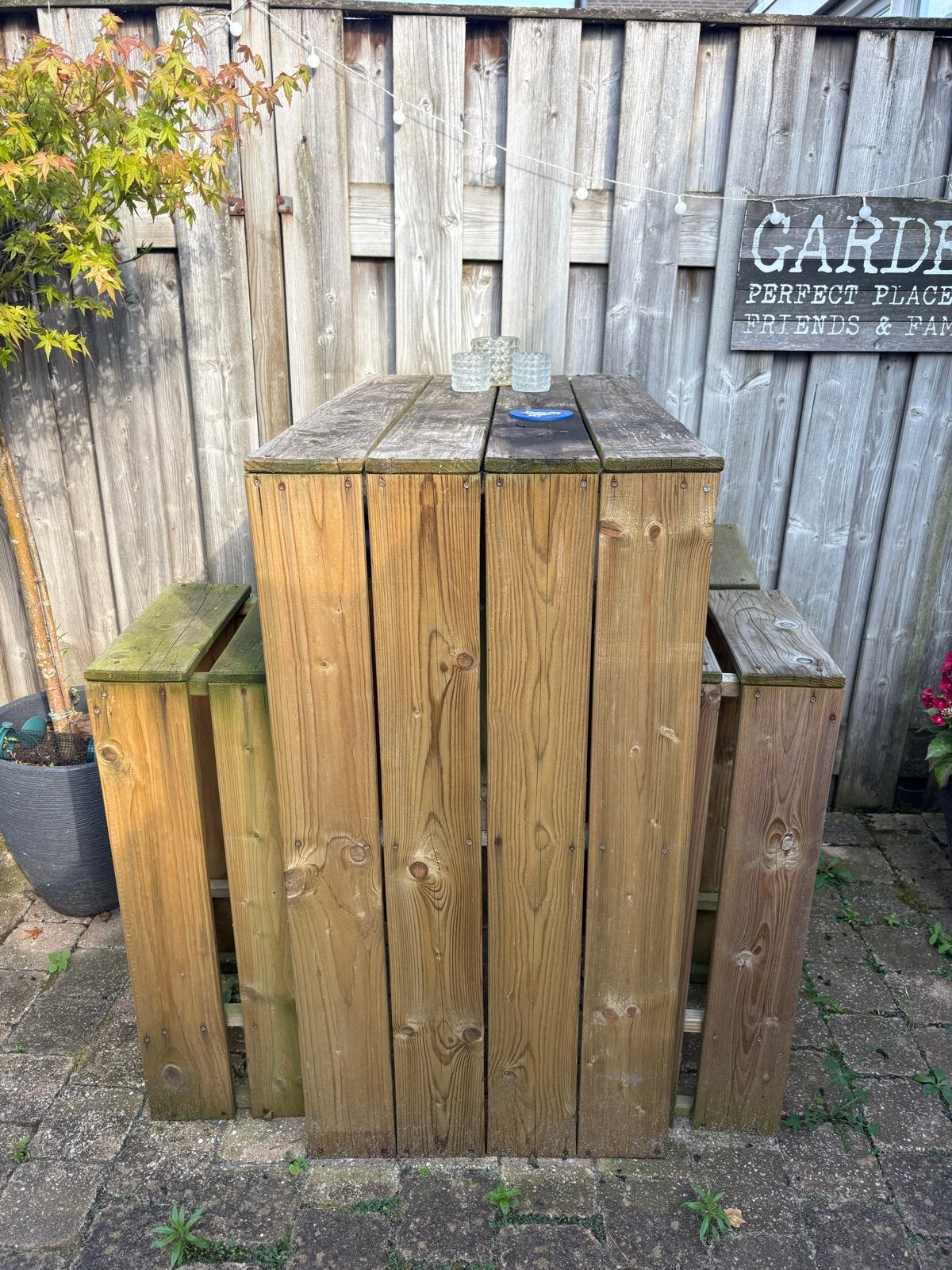 Houten bartafel met krukken voor buiten, Ophalen of Verzenden, Gebruikt, Rechthoekig, Hout