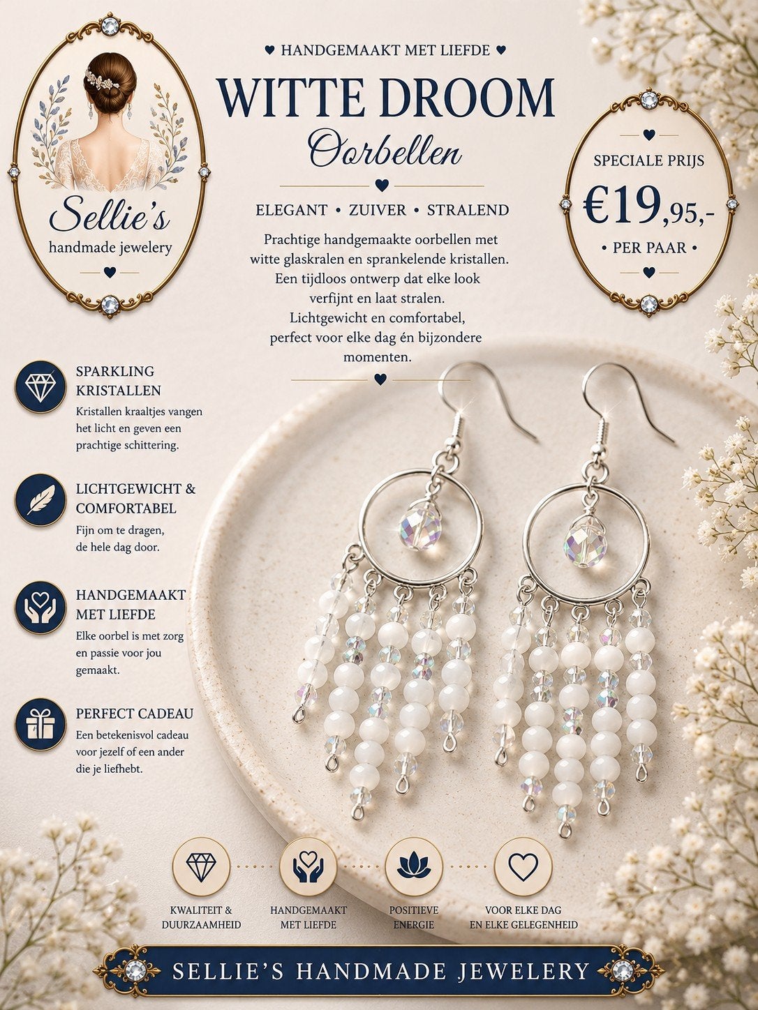 🦋 Sellie's handmade jewelery 🦋, Sieraden, Tassen en Uiterlijk, Oorbellen, Overige materialen, Hangers, Wit, Nieuw