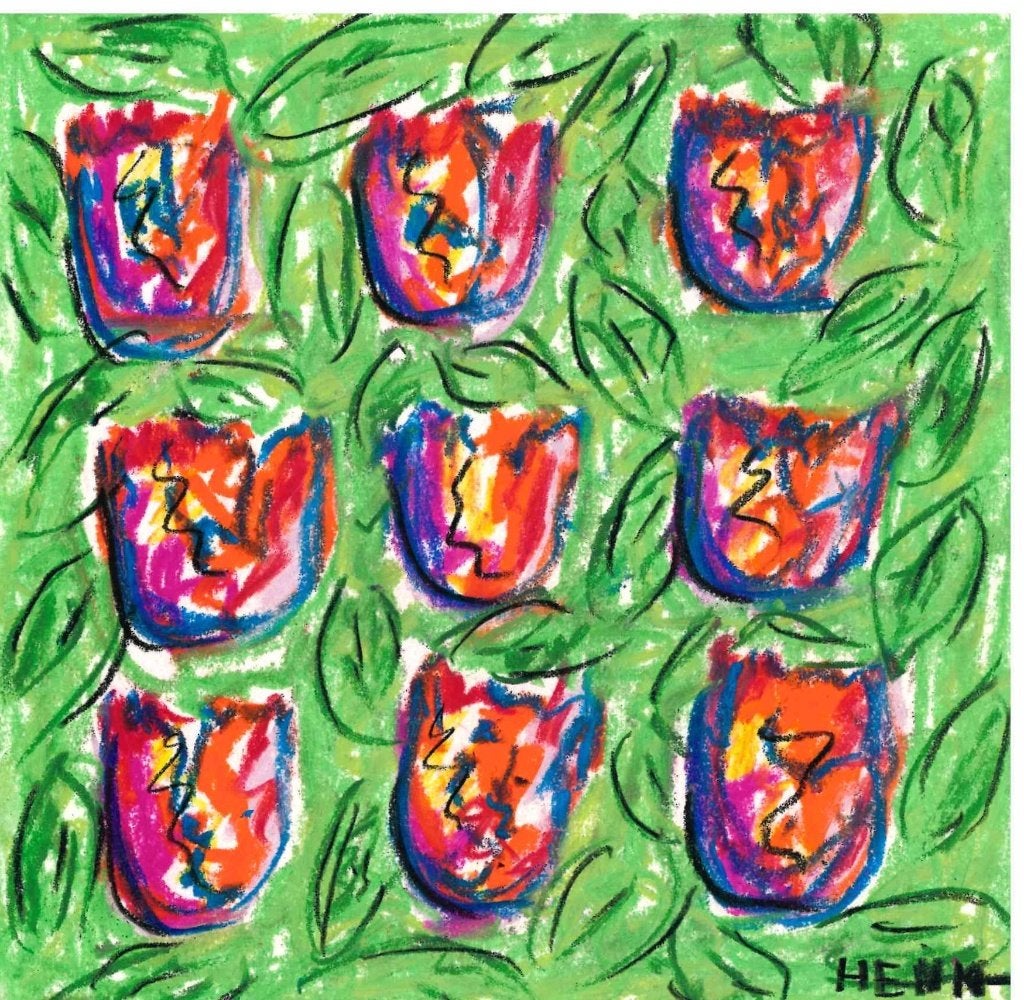 Origineel werk * Pastel * Henk de Bouter 9 tulpen, Antiek en Kunst, Ophalen of Verzenden