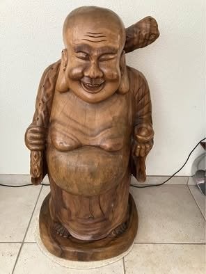 Groot Houten Happy Boeddha Beeld - 108 cm, Huis en Inrichting, Ophalen, Gebruikt, Hout, Bruin