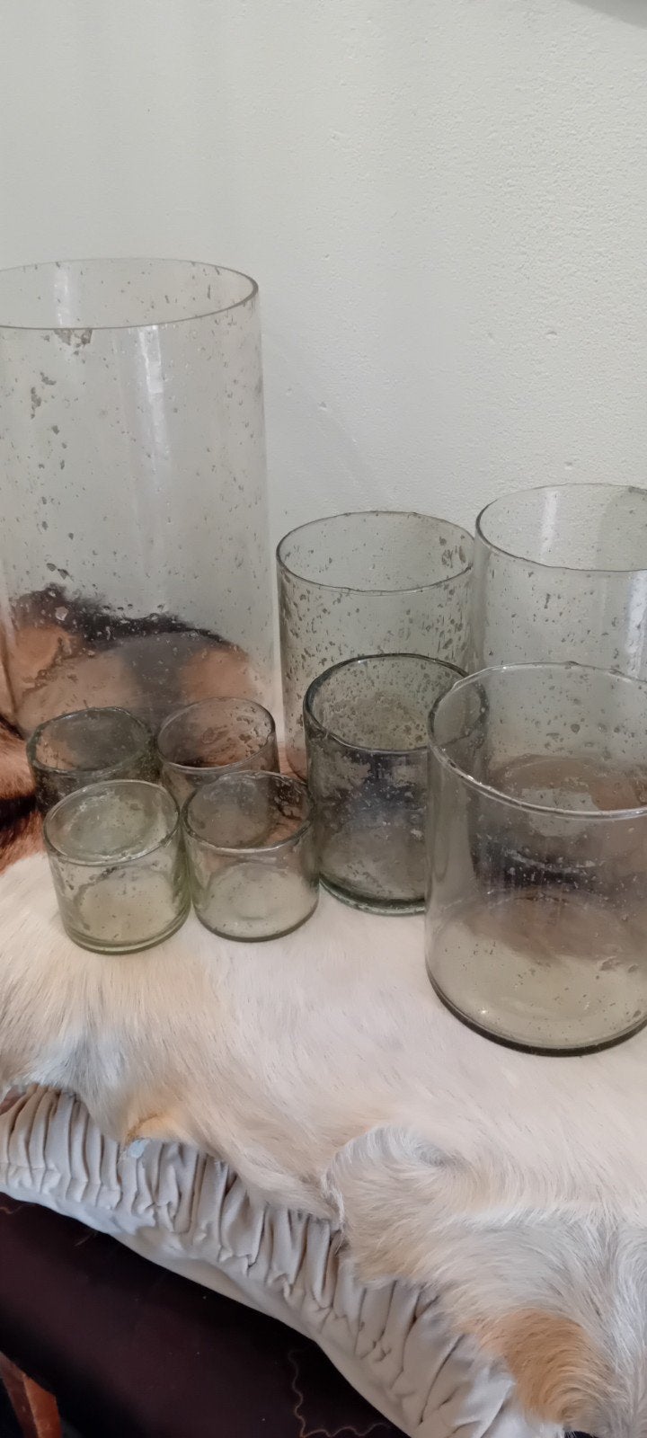 Set van diverse  bubbel glazen vazen en theelichthouders, Ophalen, Gebruikt, Transparant, Glas