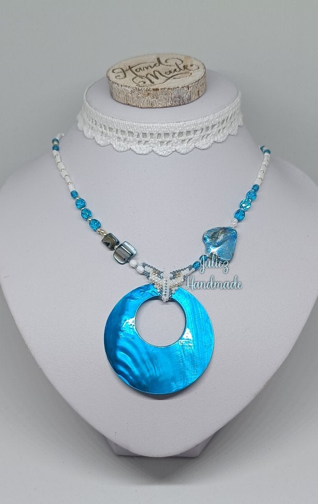 Mooie ketting blauwe schelp hanger/Miyuki Juliez Handmade, Met hanger, Blauw, Nieuw, Ophalen of Verzenden
