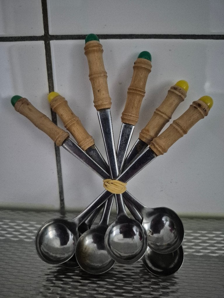 Set van 6 vintage lepeltjes, Gebruikt, Ophalen of Verzenden, Hout, Los bestek