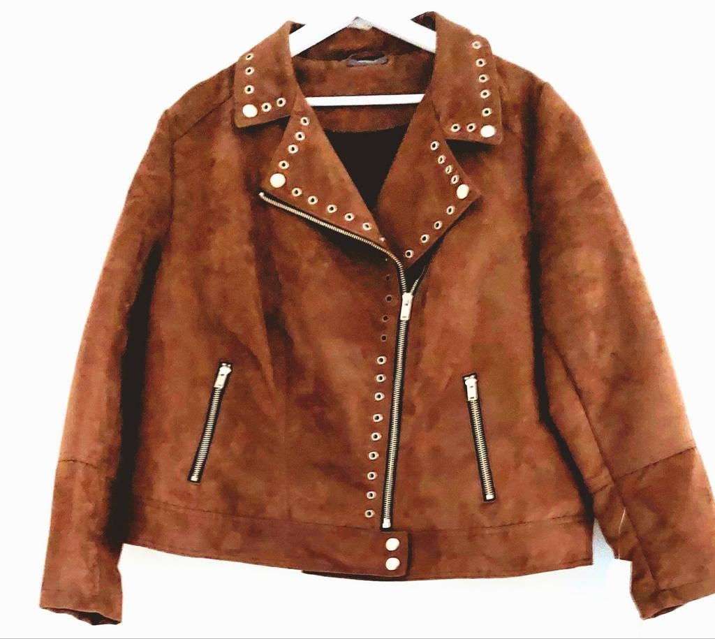 Voorjaarsjas Bruine suède look bikerjack met studs mt XL, Bruin, Yessica, Maat 42/44 (L), Nieuw