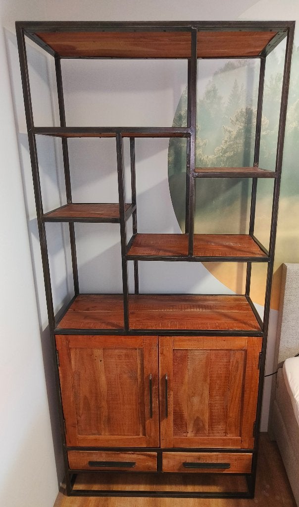 Teakhout en stalen (vakken) kast, Huis en Inrichting, Ophalen, Teakhout, Met lade(s), 50 tot 100 cm