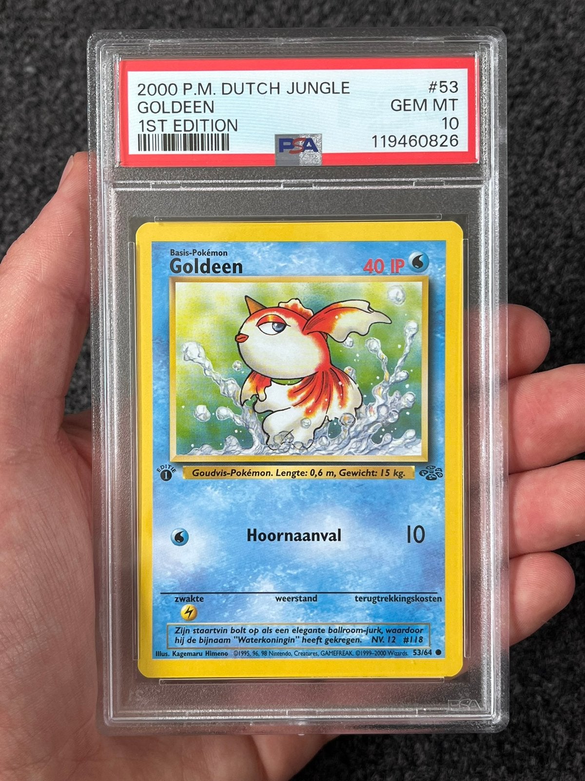 Pokémon PSA 10 Dutch 1st Ed. Goldeen #53 Jungle (POP 25!), Ophalen of Verzenden, Zo goed als nieuw, Losse kaart, Foil