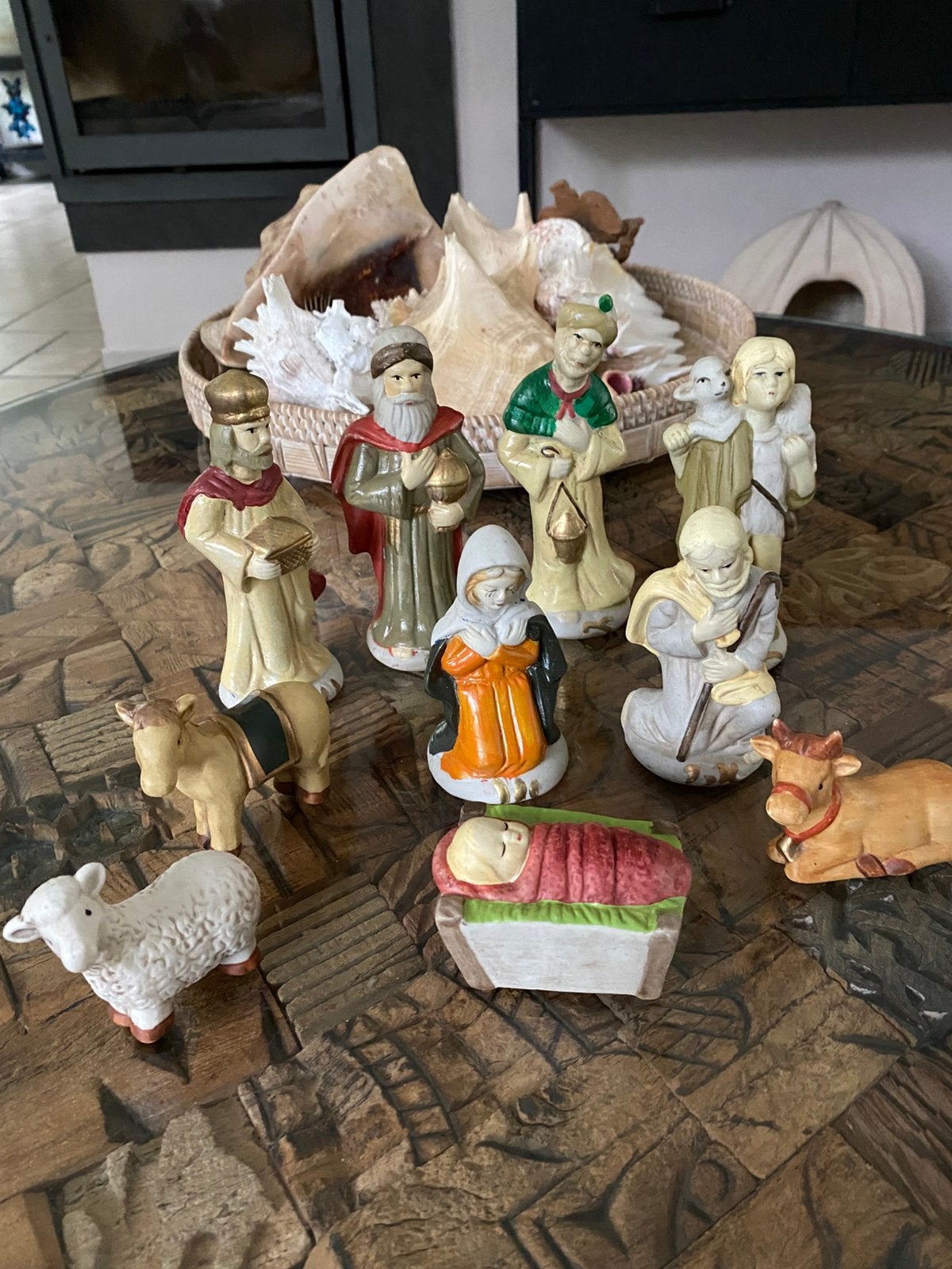 Vintage kerst stal figuren, keramiek, 10 delig, Ophalen