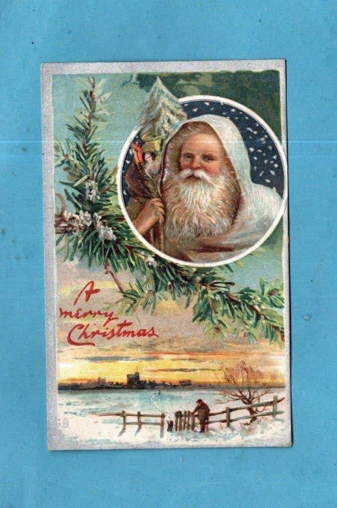 Mooie oude kerstkaart/reliéf W031 - Santa / winterlandschap, Verzamelen, Verzenden, Voor 1920, Ongelopen, Feest(dag)