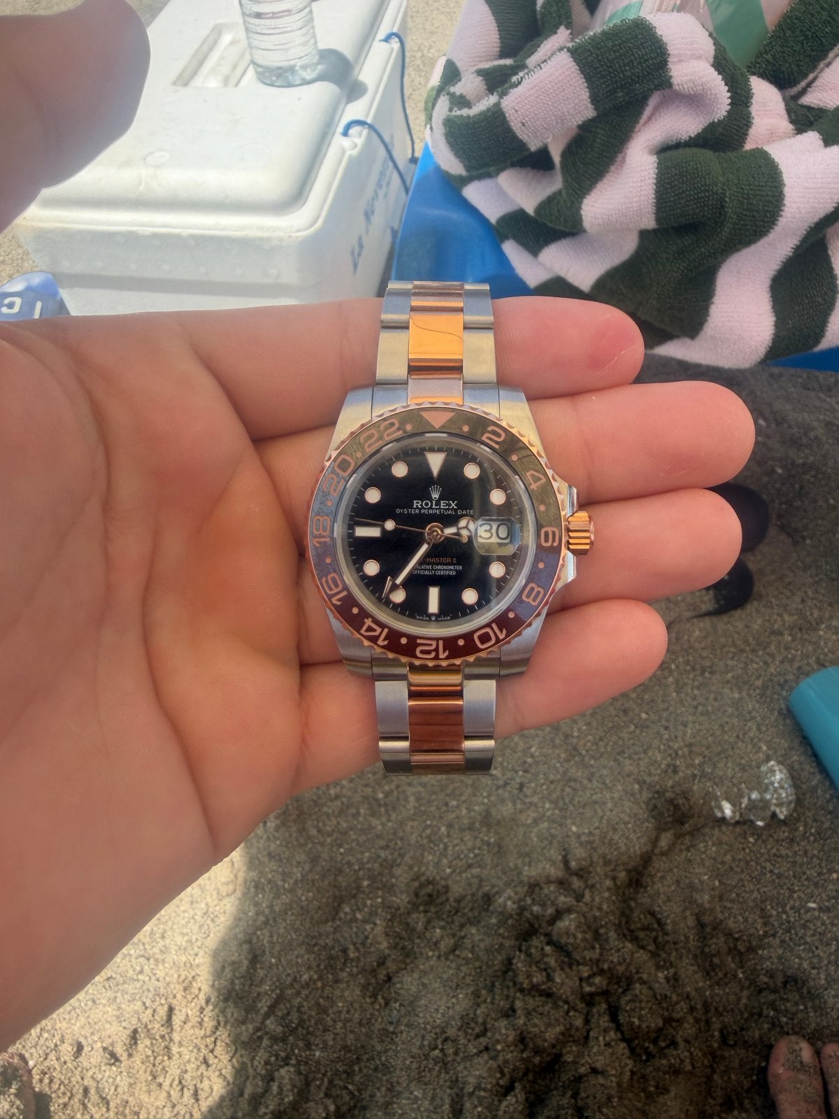 Rolex GMT-Master II Roségoud Staal Zwart Bruin, Polshorloge, Ophalen of Verzenden, Zo goed als nieuw, Rolex