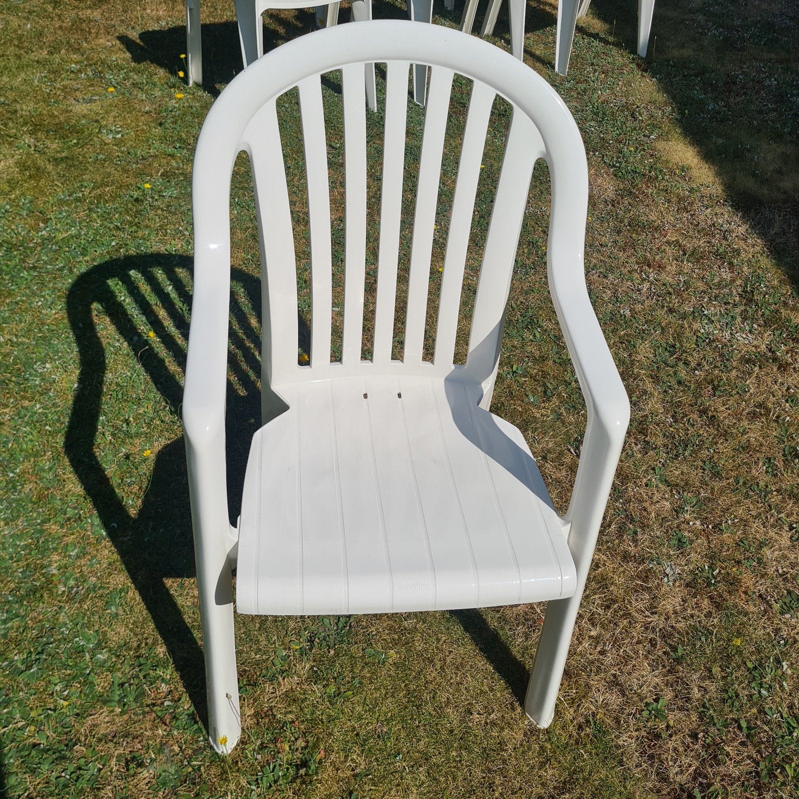 6 witte tuinstoelen met kussens - Gebruikt, Ophalen, Gebruikt, Kunststof, Stapelbaar