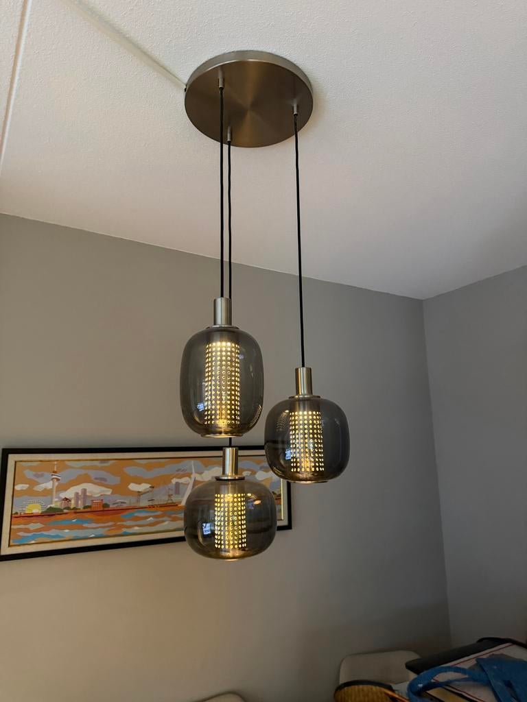 IKEA HÖGVIND hanglamp met 3 glazen kappen, Ophalen, Zo goed als nieuw, Glas, 75 cm of meer