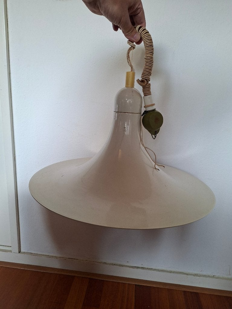 Vintage eettafellamp – jaren '50/'60 – wit metalen kap, Huis en Inrichting, Gebruikt, Vintage, Metaal, E27 (groot)