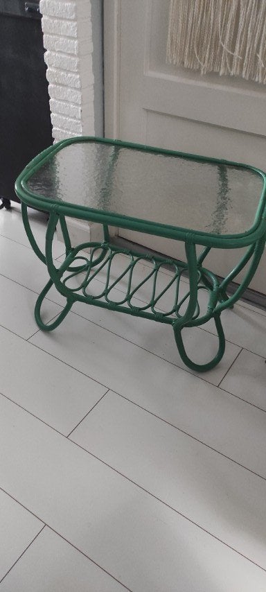 Vintage rotan tafel met glasplaat groen, Ophalen, 50 – 75, Gebruikt, 50 tot 100 cm