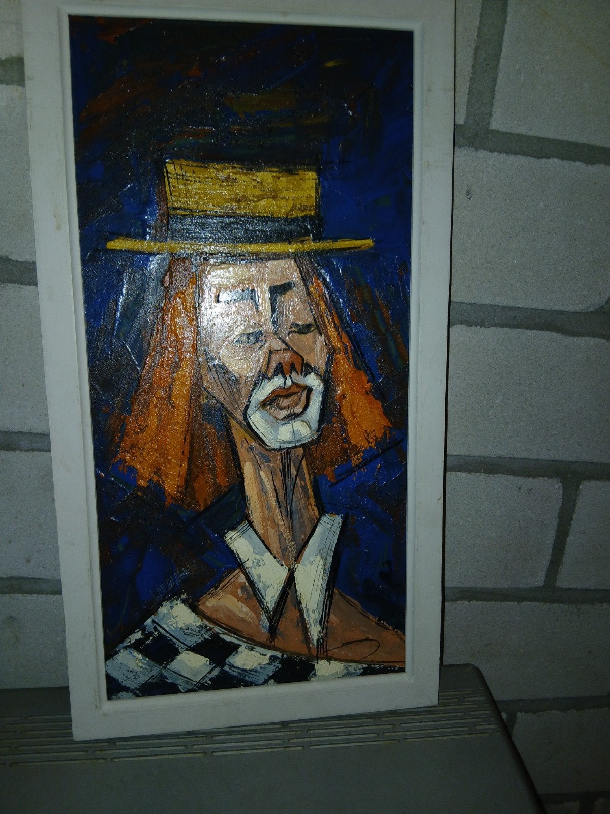 Schilderij Clown met Hoed - Expressief Portret, Figuren, Ophalen of Verzenden, Olieverf, Overige materialen
