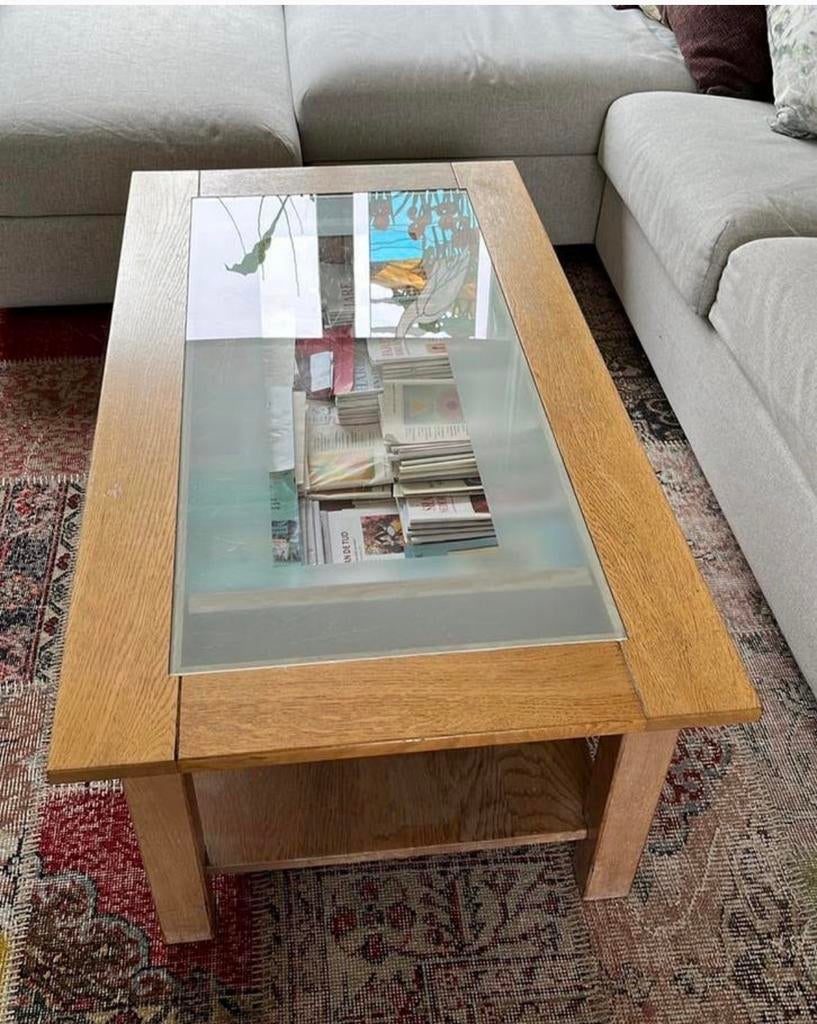 Fijne koffietafel/salontafel met glazen blad en lade, Gebruikt, 100 tot 150 cm, Glas, Minder dan 50 cm