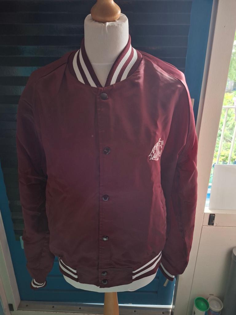 Vintage varsity bomber jacket bordeaux maat L– college jack, Ophalen, Maat 42/44 (L), Chalk line, Gedragen