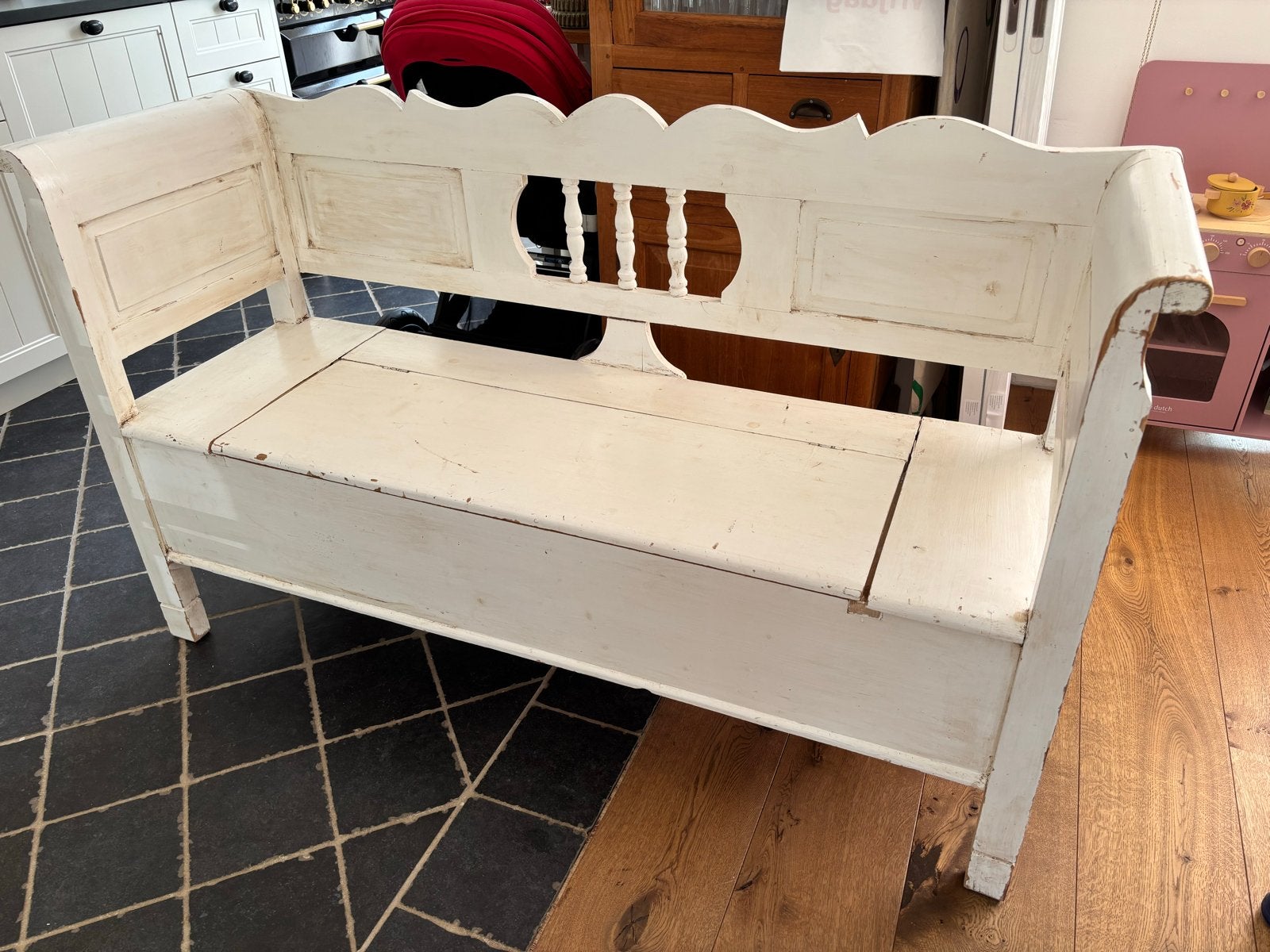 Brocante houten klepbank, Ophalen