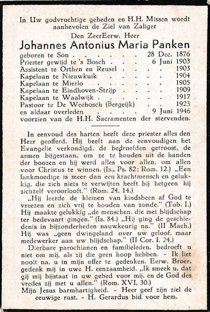 Panken Johannes 1876 Son 1946 Bergeijk priester, Verzamelen, Bidprentjes en Rouwkaarten, Ophalen, Bidprentje