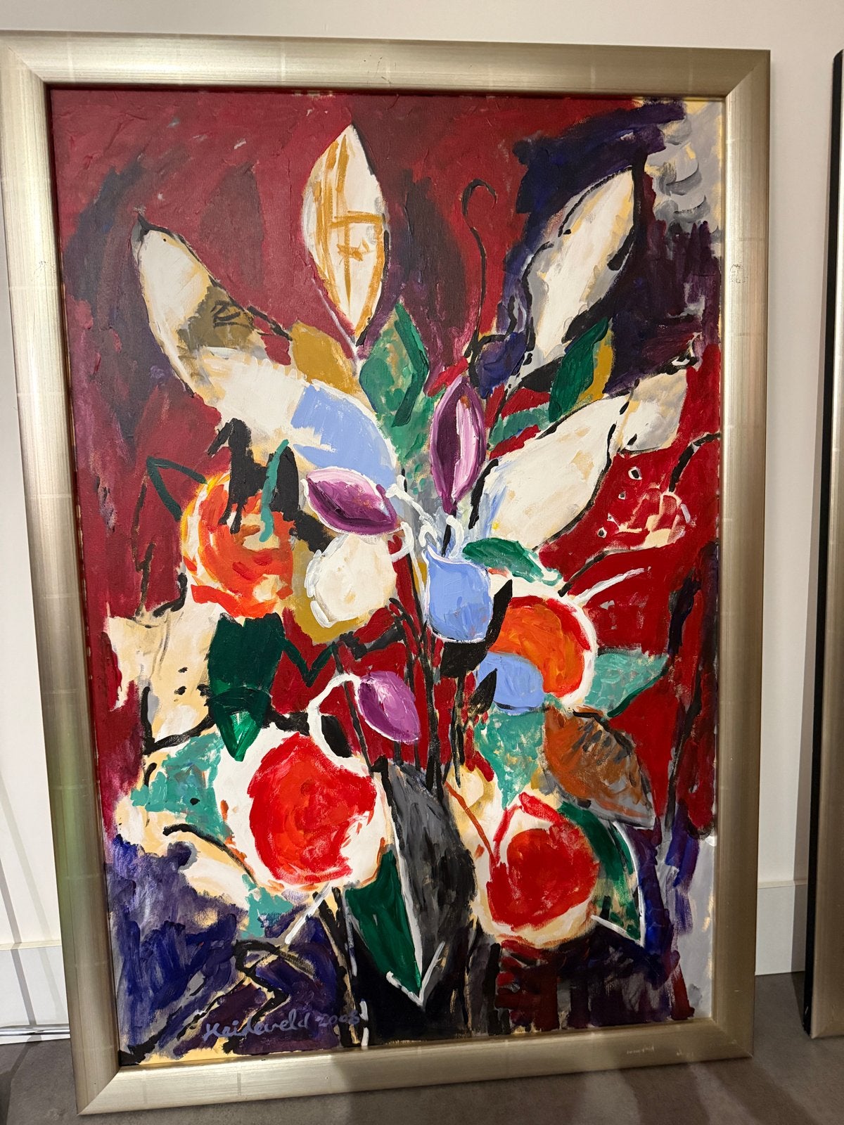 Kleurrijk bloemenschilderij van Henk Heideveld. 90x130cm, Ophalen