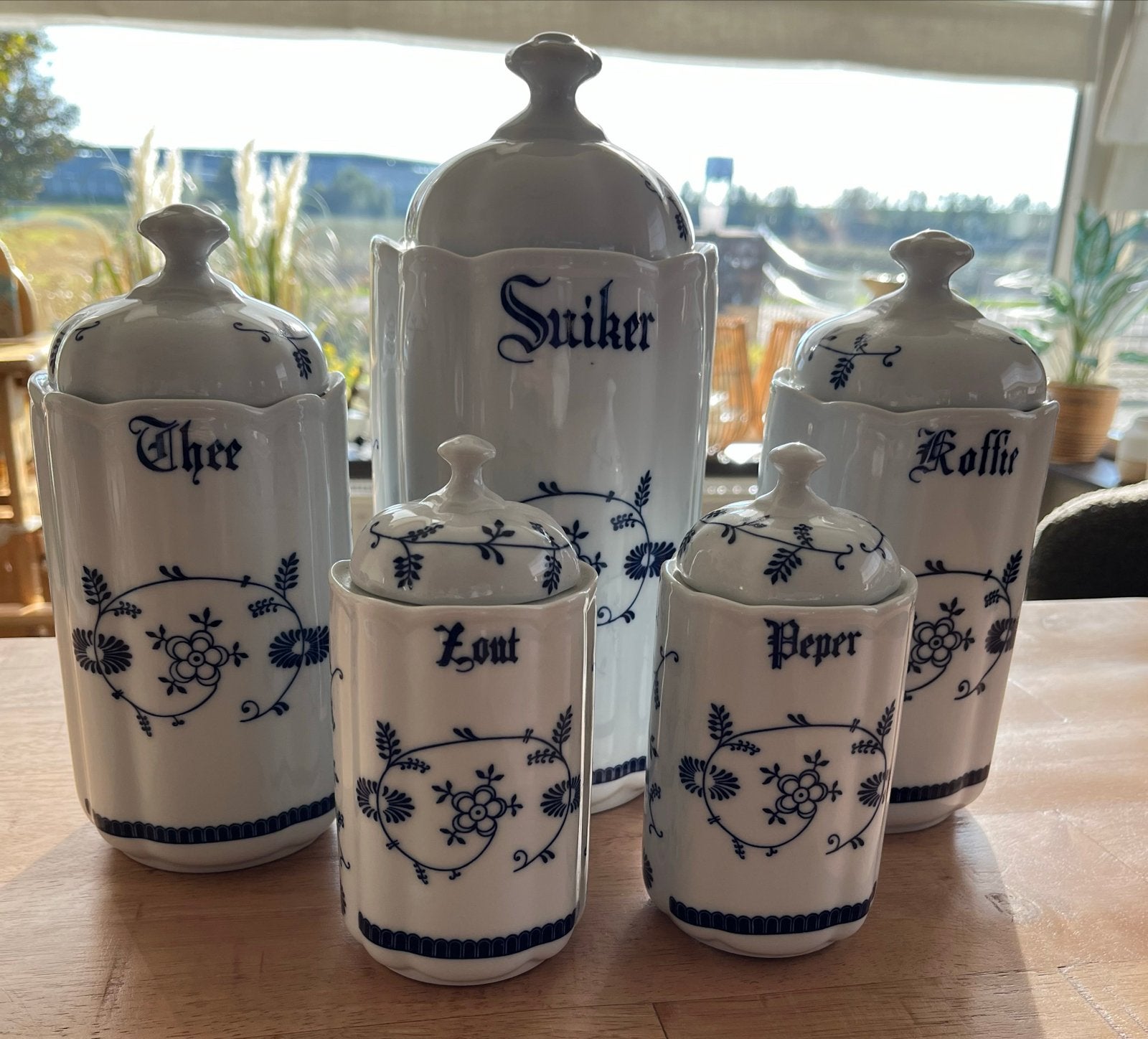 Vintage Delfts Blauw Keukenset: Thee, Koffie, Suiker, Zout,, Ophalen of Verzenden