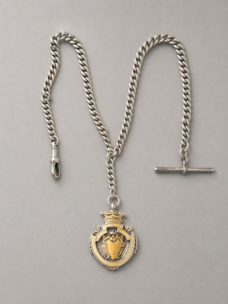 Victoriaanse zilveren Albert chain met 9kt gouden schild, Antiek en Kunst, Ophalen of Verzenden, Zilver