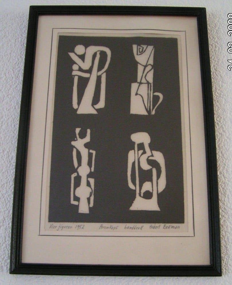 Hubert Bekman 4 figuren peren-kops ets framed of (unframed), Met tekst, Architectuur, 29 cm, Ophalen of Verzenden