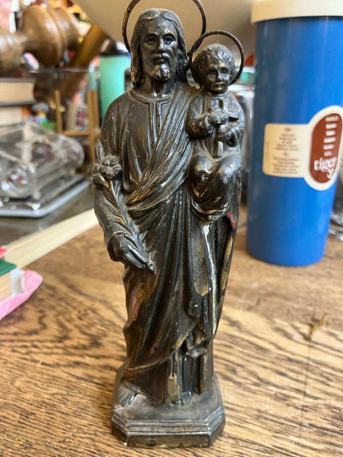 Antiek beeld Heilige Jozef met kindje Jezus, Antiek en Kunst, Ophalen of Verzenden