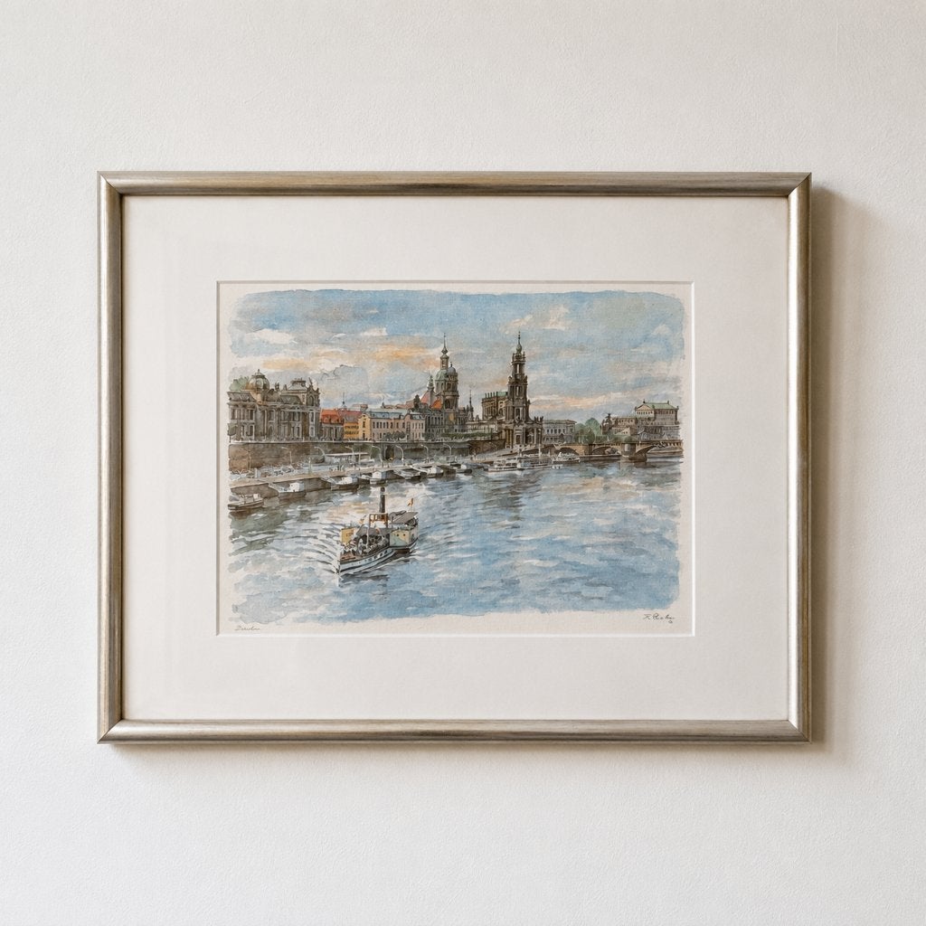 Aquarel schilderij van Dresden ingelijst passepartout, Antiek en Kunst, Maritiem / water, Realistisch, Ophalen of Verzenden, Aquarel